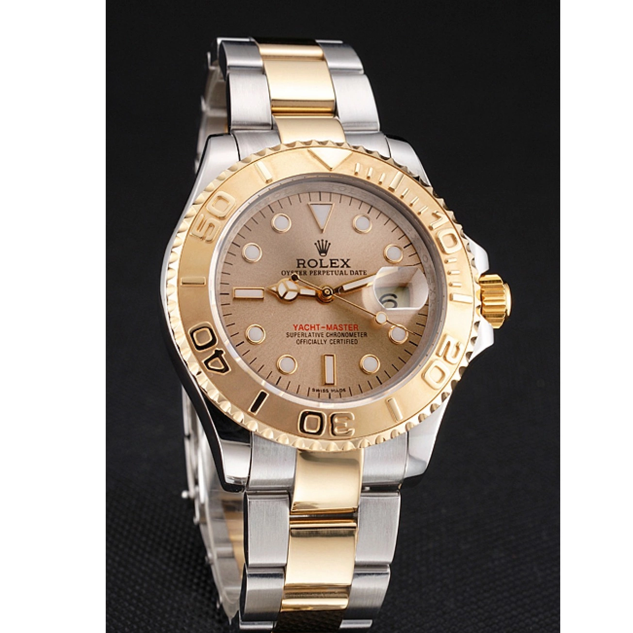 Aaa replica watch Bezel Swiss Stainless Tone Yacht-Master Dial Champagne Steel Bracelet Two Rolex Case Gold 0519